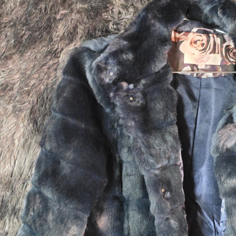 Eliza J Faux Fur Coat Navy Blue Snap Front NWT Size L - Picture 2 of 12